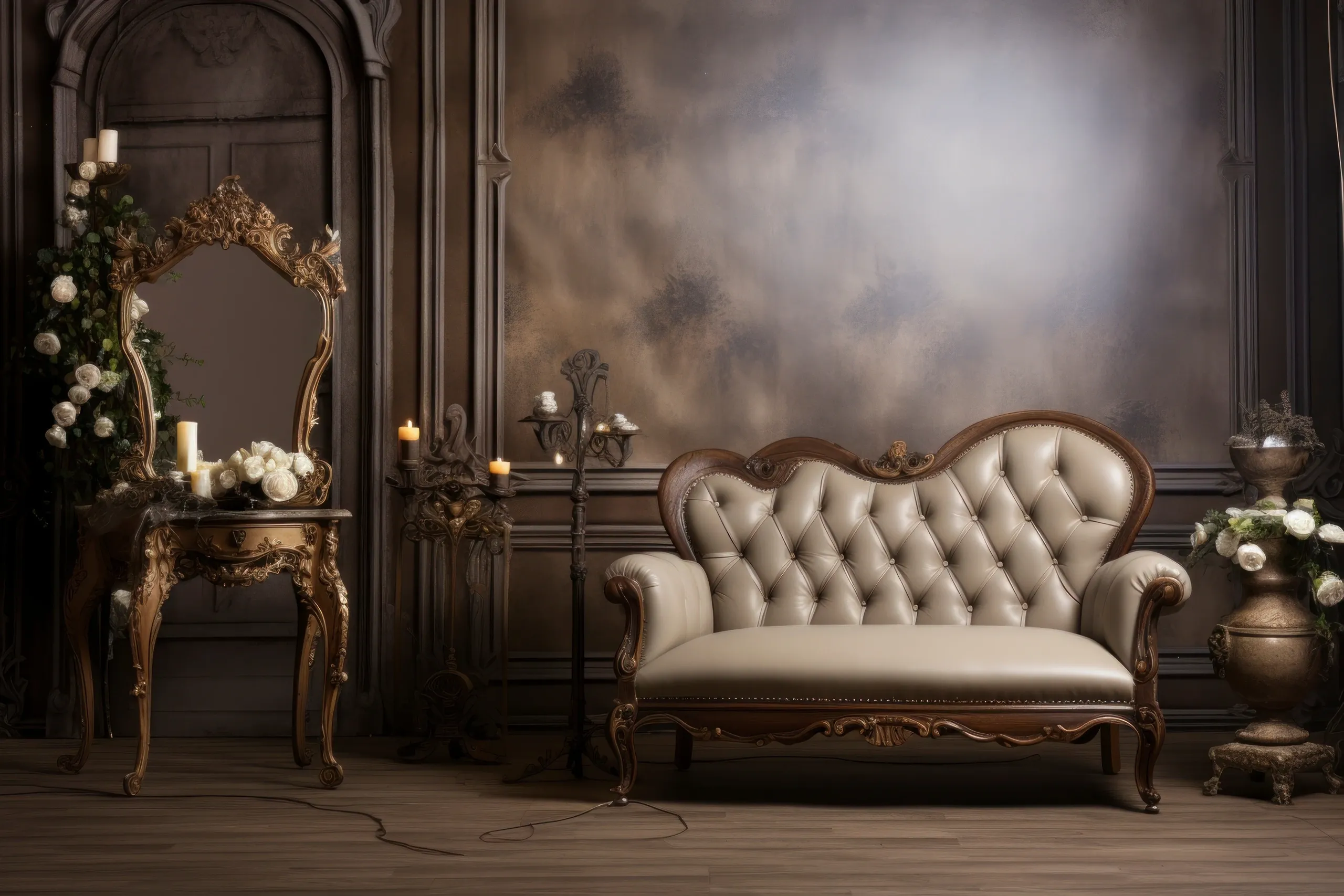 Elegant vintage room with a tufted sofa, ornate gold mirror, and candlelit decorations, set against a smoky gray background.